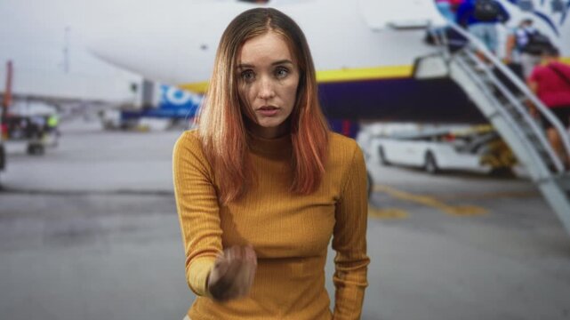 Woman beckons with curled fingers near airplane boarding stairs on airport tarmac, urgent hand gesture toward camera; impatience.
