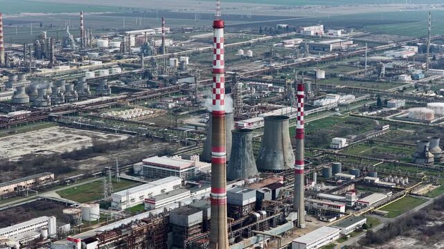 Aerial drone view to oil refinery plant for primary and deep oil refining. Lukoil, Eastern Europe, Burgas, Bulgaria