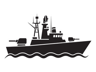 Obraz premium A black silhouette of a naval vessel sailing on wavy waters with various structures on deck