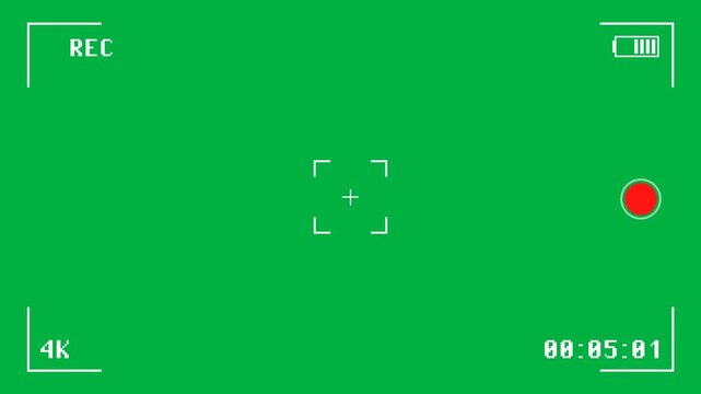 Green screen camera viewfinder interface overlay for video production and editing with recording indicator and timer