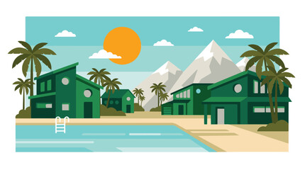 Minimalist tropical resort scene with modern architecture and palm trees © StockStudio