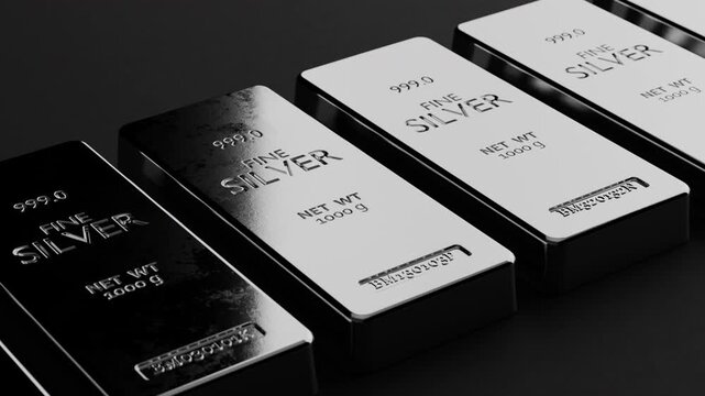 Shining fine silver bars representing commodity trading and financial markets. Perfect for economy and investment concepts. Seamless loop animation, part of series.