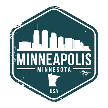 Vintage stamp featuring the minneapolis skyline and state of minnesota