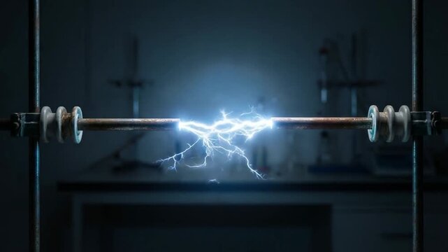 Science meteorology experiment concept. Electrical sparks jumping between metal rods in a dark industrial setting