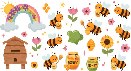 Cute honey bee cartoon collection with beehive, honey jars, flowers, rainbow, honeycomb, and flying bees vector illustration set © Sumon Creative
