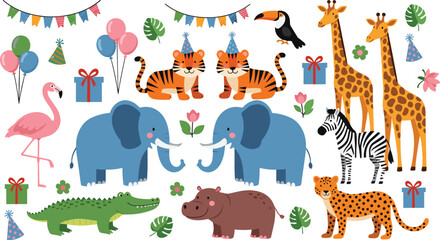 Cute jungle safari animal collection with elephant, giraffe, tiger, zebra, flamingo, crocodile, and leopard cartoon vector illustration © Sumon Creative