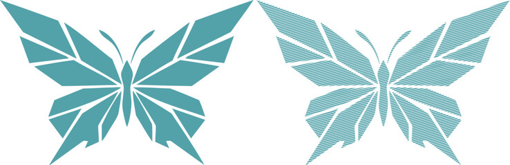 Obraz premium Two teal geometric butterflies with different wing patterns