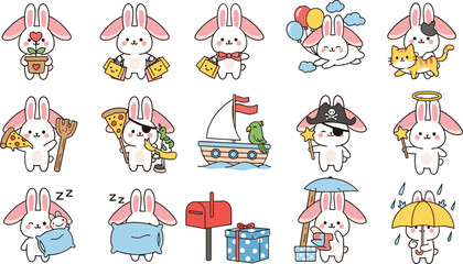 Naklejka premium Cute kawaii bunny cartoon character set with pizza, umbrella, pirate, angel, sleeping, mailbox, and gift vector illustration