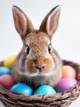 Bunny in basket with eggs, joyful theme.