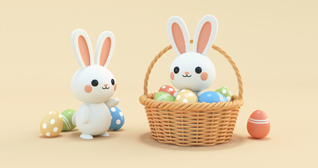 Obraz premium cute easter bunnies and easter eggs 3d render