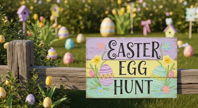Easter Egg Hunt: A festive sign amidst a cheerful garden invites children to an egg hunt, with painted eggs scattered among spring blooms and charming birdhouses.