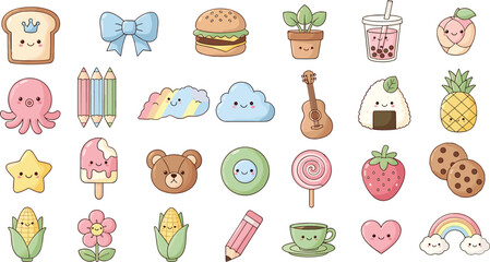 Cute kawaii doodle icon set with food, fruits, clouds, rainbow, guitar, pencils, and adorable cartoon objects vector collection © Sumon Creative