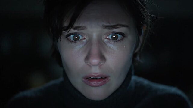 Close up of a womans face in fear, illuminated by a screen.