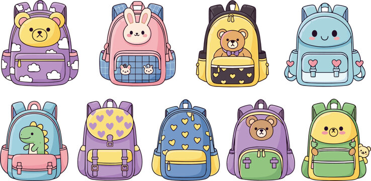 Cute kawaii school backpack collection with animal faces, hearts, clouds, and colorful kids bag designs vector illustration set