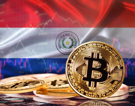 Bitcoin with Paraguay flag in the background. Paraguayan investors in cryptocurrency and Blockchain Technology in Paraguay, Concept