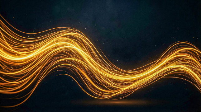 Onda abstracta dorada brillante con efecto de estela de luz tipo ne&oacute;n. Fondo oscuro y elegante con l&iacute;neas luminosas fluidas que transmiten energ&iacute;a, tecnolog&iacute;a y dise&ntilde;o moderno.