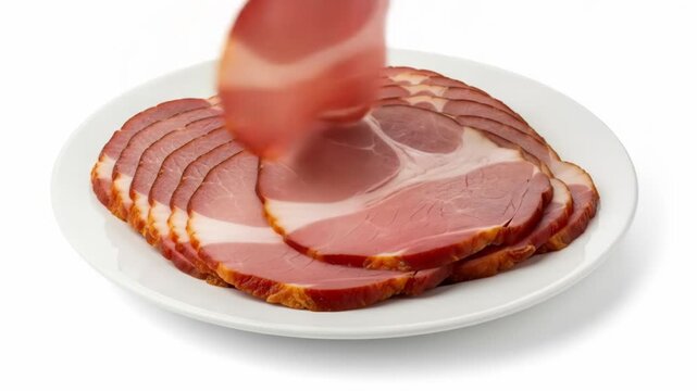A plate of sliced cured meat with a hand picking up a piece
