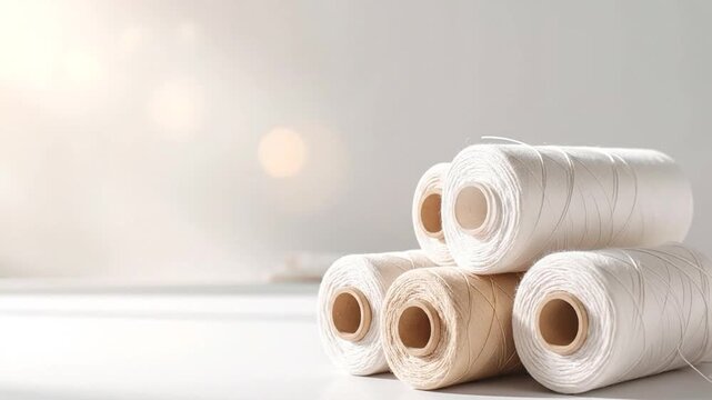 Close-up of several spools of white and beige thread, arranged on a white surface with a soft background.