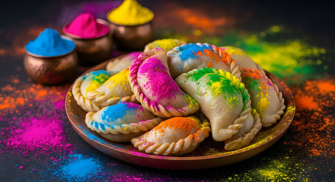 Vibrant holi celebration with colorful sweets and powders
