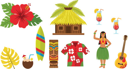 Hawaiian Tropical Summer Icon Set with Hula Dancer, Surfboard, Tiki Mask, Beach Hut, Hibiscus Flower, Cocktail Drinks, and Ukulele Vector Collection © Sumon Creative