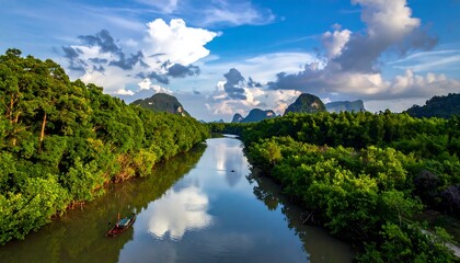 Fototapeta premium Lush waterway reflects the sky amidst verdant trees leading to jagged, distant mountains under a partly cloudy sky