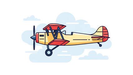 Vintage biplane illustration flying through cloudy sky with propeller spinning © Stock Image Paradise