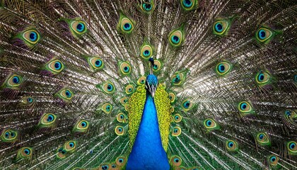 Obraz premium Peacock displaying its vibrant, iridescent feathers in a full, symmetrical fan. Beautiful blues and greens contrast with brown