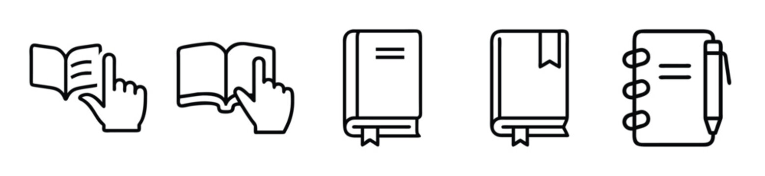 Collection of five minimalist black outline vector icons depicting various reading materials including manuals, closed books with bookmarks, and spiral notebooks with a pen on transparent background