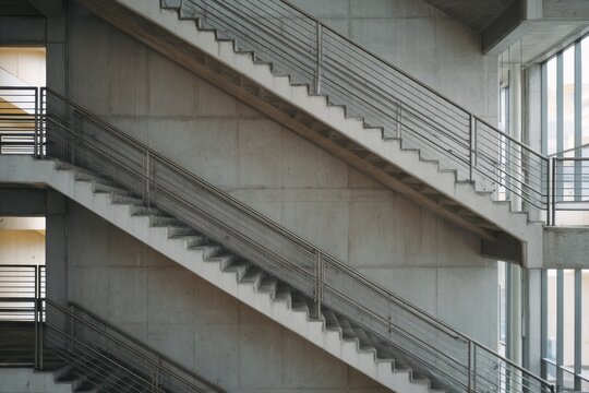 Graphic architectural view of multiple concrete staircases stacked diagonally with metal railings creating a repeating pattern of lines and geometric forms