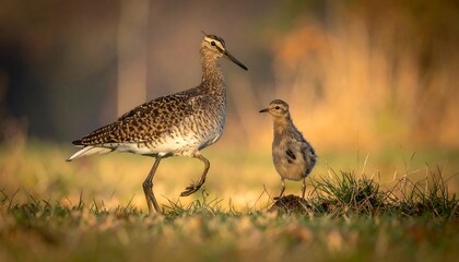 Mottled bird and chick strut together in golden grass, blending with the autumnal foliage