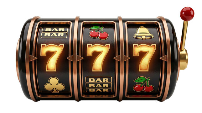 Golden Triple Seven Slot Machine with Lever isolated PNG with Transparent Background