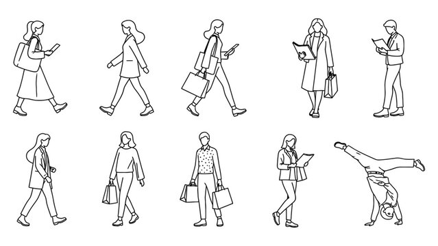 People silhouettes set woman walking, reading phone, shopping cartwheeling man reading looking phone, computer business lifestyle various poses collection vector illustration.
