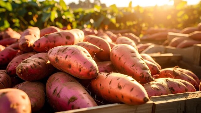 Freshly harvested sweet potatoes piled high in wooden crates, bathed in warm sunlight on a farm.