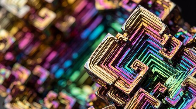 Iridescent bismuth crystal formation with abstract geometric pattern.
