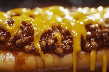 Close up greasy hotdog with chili cheese