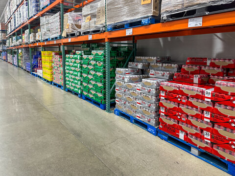 Cases of Soda Pop and drinks in a Costco store. Merrillville, IN USA - March 4, 2026