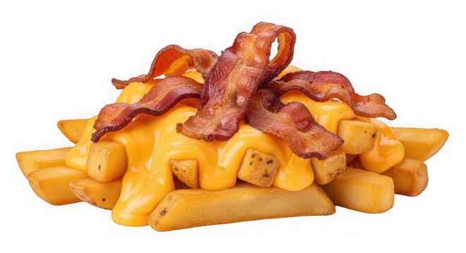 A mouth-watering serving of cheese fries topped with crispy bacon, viewed from directly above on a clean background