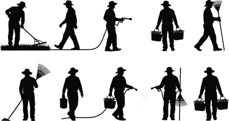 Gardener silhouettes collection with workers raking grass spraying plants carrying baskets and garden maintenance vector illustration set