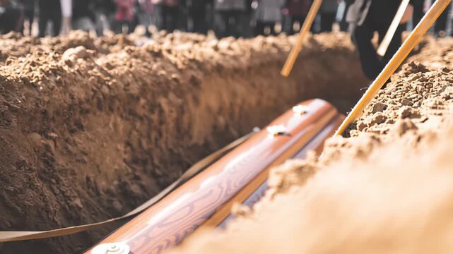 Wooden coffin descending into the earth at a burial site. A solemn crowd of family and friends grieves during the funeral service
