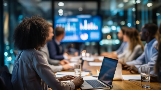 Wide photograph of a diverse team of professionals from behind gathered around a conference table in a multinational company meeting room printed performance review reports and