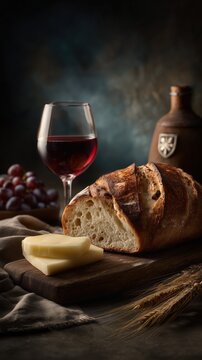 Still Life of Bread, Wine, Grapes, and Cheese on Rustic Wood Table