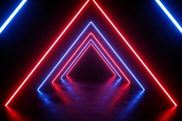 Naklejka premium Neon Triangles in Dark Abstract Futuristic Corridor
