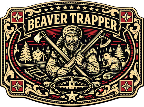 Beaver Trapper Frontier Vintage Badge Vector