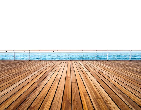 Polished wooden deck overlooking a serene blue sea and a distant horizon under a bright, clear sky