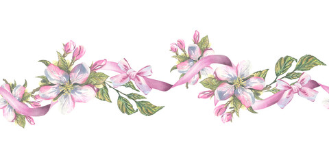 Fototapeta premium Apple blossoms with pink ribbons and bows. Hand-drawn watercolor illustration. Seamless wave border header pattern for decor and design of spring and summer holidays and weddings.