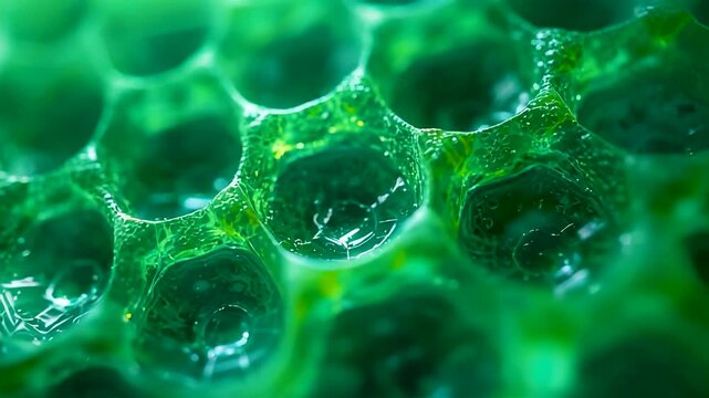 Green honeycomb structure with hexagonal cells and wet glossy texture in macro view