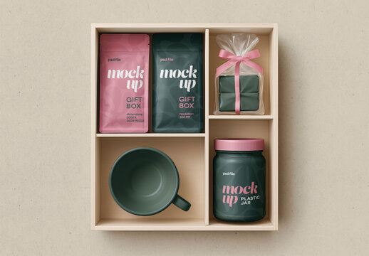 Coffee Gift Box Packaging Mockup with Jar and Pouch for Design and Branding Projects