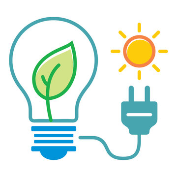 Eco energy light bulb with leaf and solar plug icon &ndash; renewable energy sustainability concept
