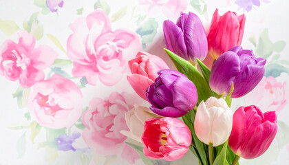 Obraz premium A bright arrangement of purple, pink, and white tulips with green stems, set against a soft, out-of-focus background