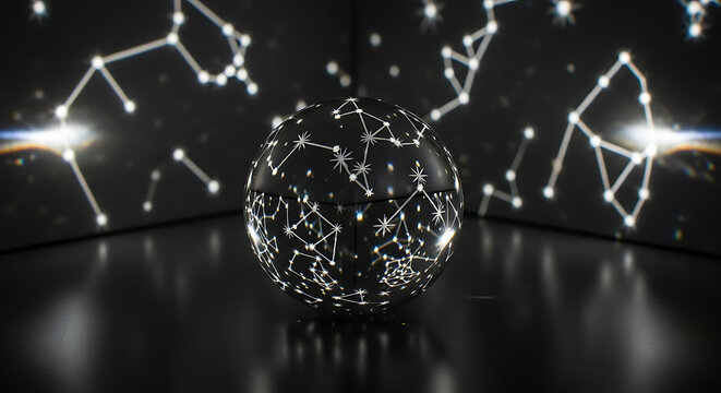 Dark Scientific Crystal Globe with Illuminated Celestial Star Charts. Minimalist Astronomical Mapping Device for Navigation, Space Exploration and Educational Astronomy Concepts.